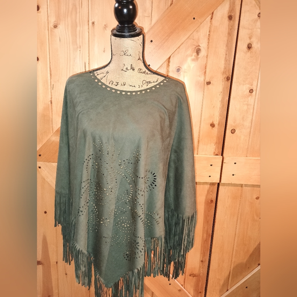 Green Fringe Poncho with Laser Cutout Design